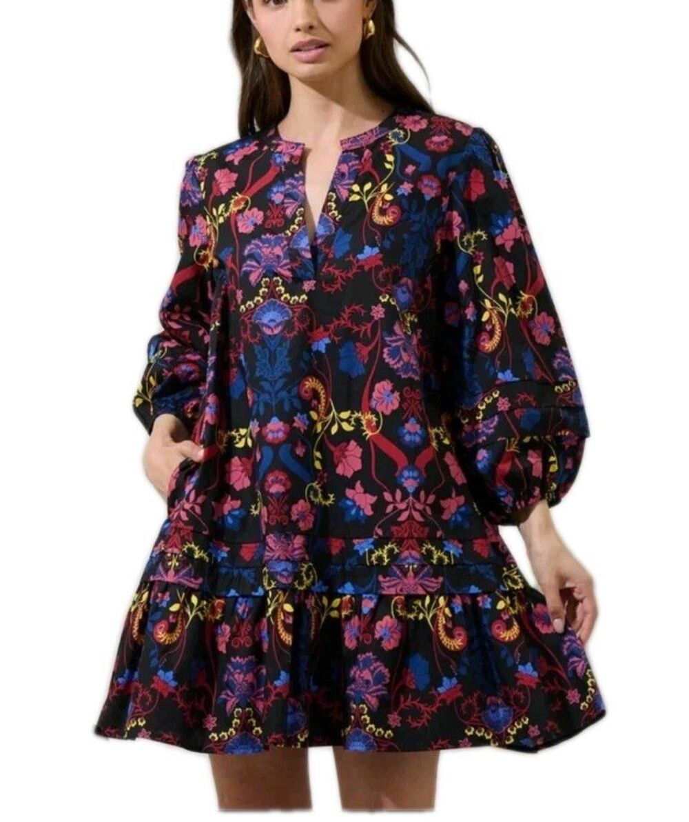 Sugarlips Womens Palmero Velma Ruffle Dress XS 100% Cotton Mini V-Neck Shift